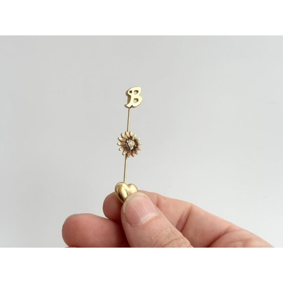 Letter "B" Monogrammed, Sunflower Shaped & Heart Shaped Vintage Gold T Stick Pin - Picture 3 of 10